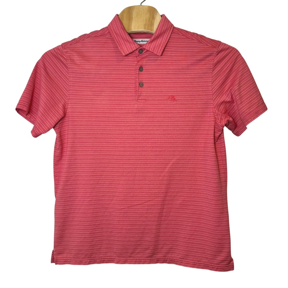 Tommy Bahama Mens Coral Red Striped Short Sleeve Polo‎ Shirt Large T218483